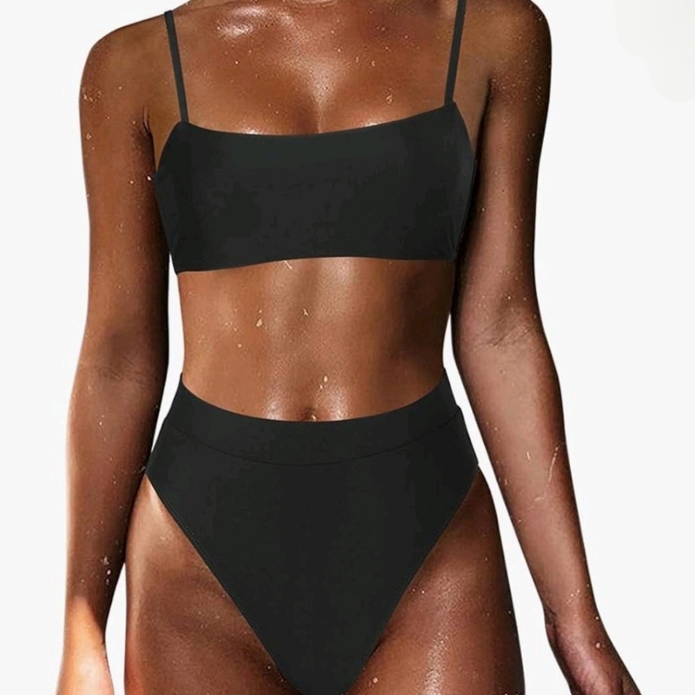 NWOT Women's 2 piece High Waisted Bikini Black Adjustable Straps Medium minimal